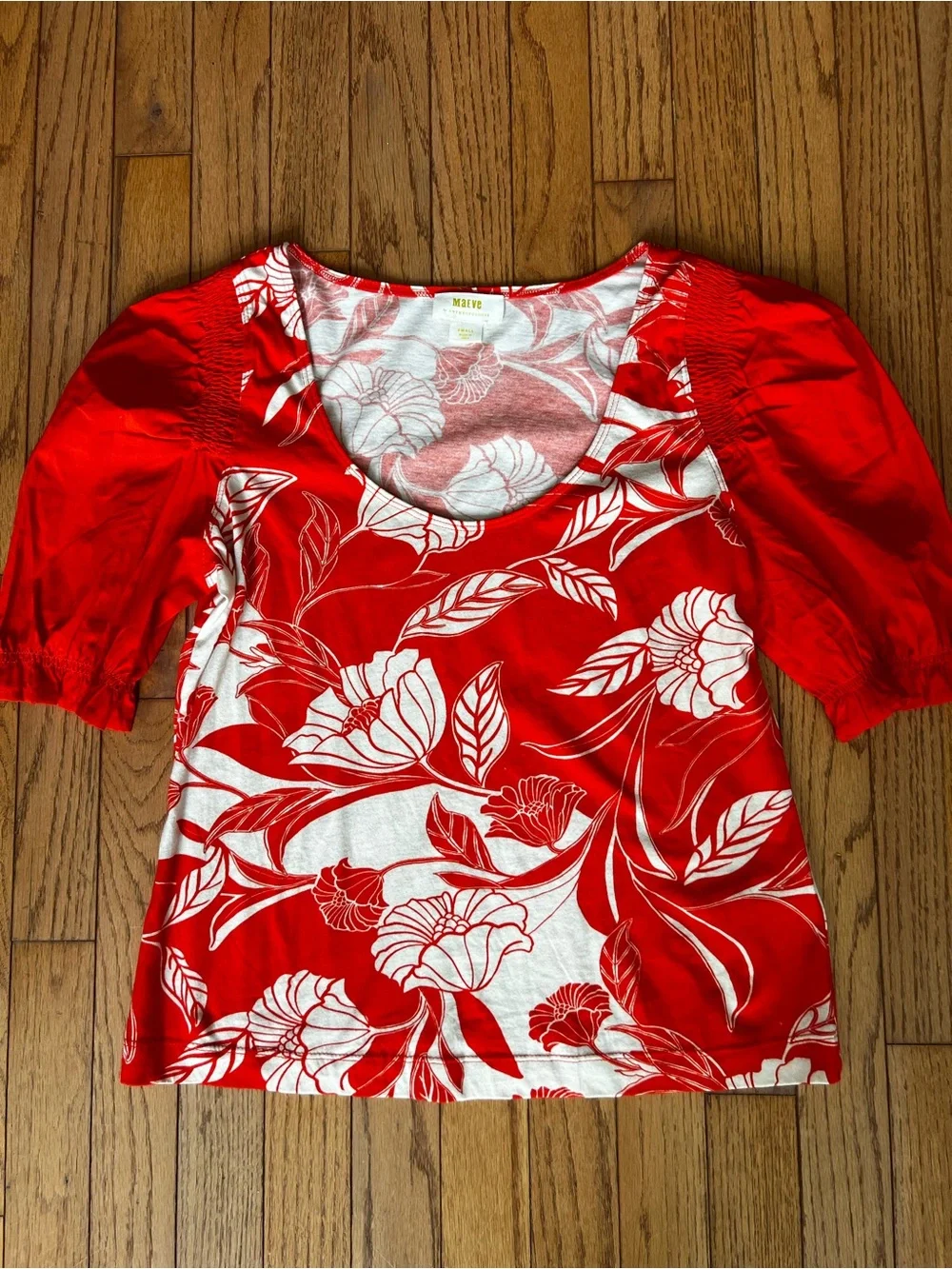 Maeve Anthropologie Red White Floral Puff Sleeve Smocked Top Boho Size S